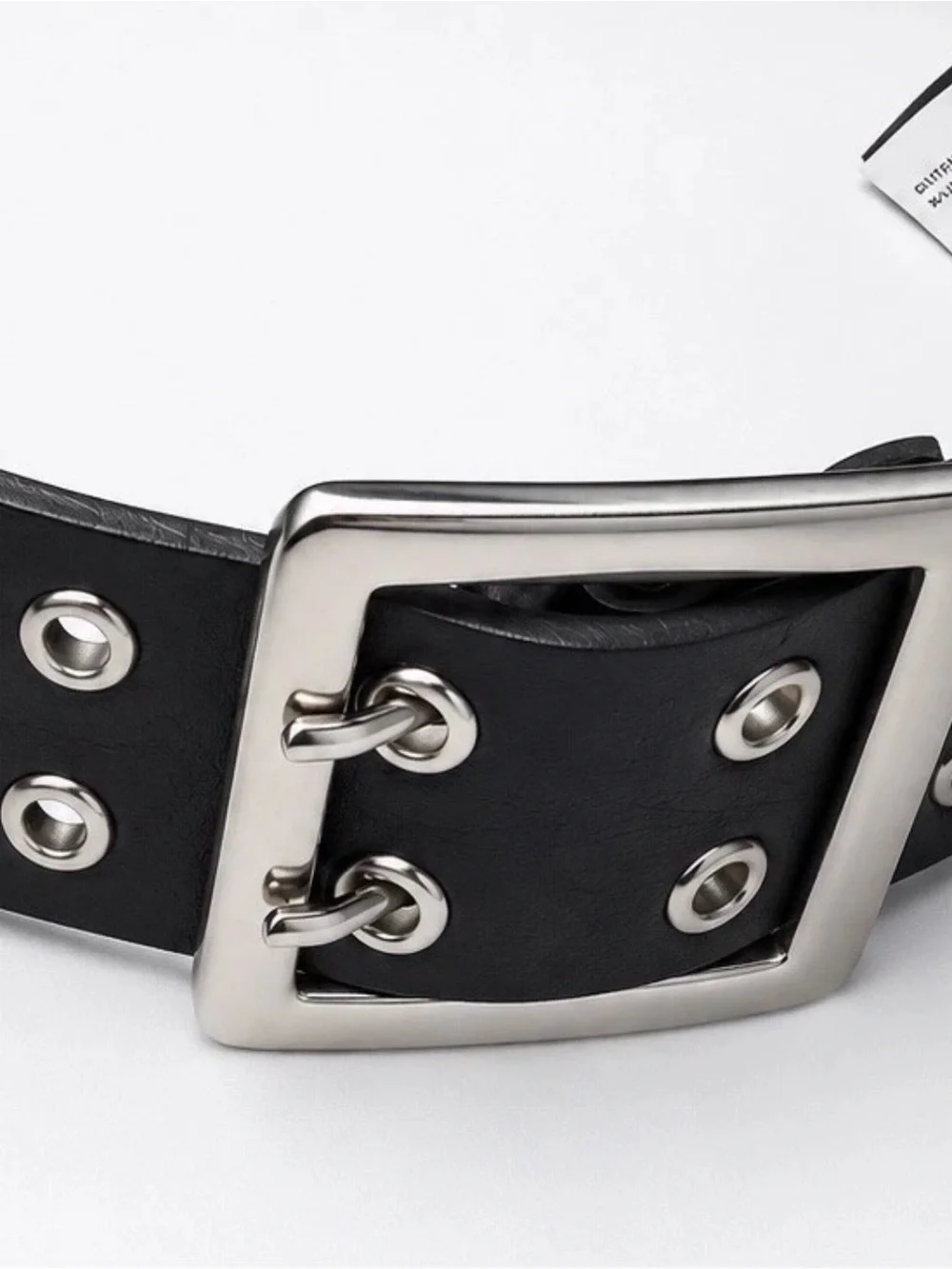 Black Double Grommet Leather Belt with Square Buckle